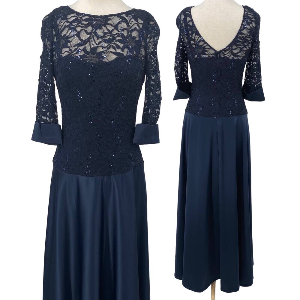 JS Collections Gown Sequin Floral Lace Bodice Low Back 3/4 Sleeve Satin Blue 8